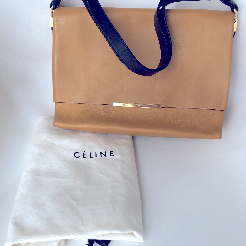 Celine Tan & Black Classic Shoulder Bag, Vintage Medium